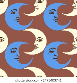 Crescent moons with face seamless vector pattern. Retro background with moon.