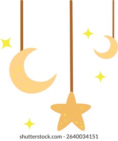 Crescent moons and a golden star hanging with sparkles, perfect for Islamic celebration design, Ramadan ornaments, or spiritual background visuals.