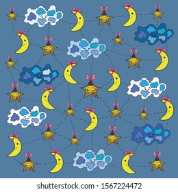 Crescent moons stars and clouds on blue background.