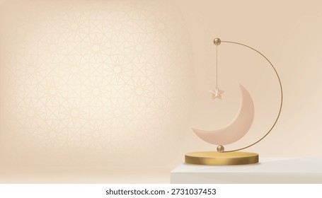 Halbmond, Sternenlaterne auf goldenem 3D-Podium mit islamischem Mandalamuster auf Wandstudio-Hintergrund, Vektorgrafik, die den Islam symbolisiert, muslimischer Glaube, Heiliger Ramadan Kareem, Eid al-Fitr, Eid al-Adha, islamischer Gruß