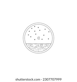crescent moon,stars sea beach fireworks.
monoline design isolated on circle in white background.