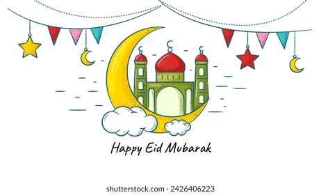 Crescent and Mosque Hand Drawn. Eid Mubarak Concept, Suitable For Greeting Cards, Posters and Background