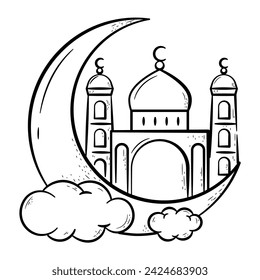 Crescent and Mosque Hand Drawn Icon. Outline Doodle Islamic Icon Collections