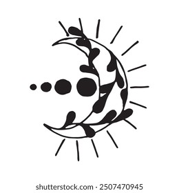 The crescent of the mystical moon entwined with a plant. The magic moon is hand-drawn. Mysticism and magic. Vector illustration.
