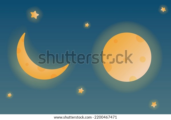 Crescent New and Full Moon Cartoon\
Vector Illustration. Young Moon 3d Icon With Glow And\
Stars