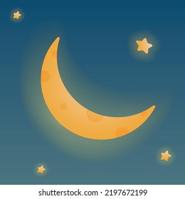 Ilustración de vectores de dibujos animados de luna creciente o nueva. Icono 3d de la Luna Joven con brillo y estrellas