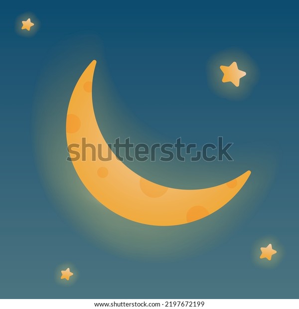 Crescent or New Moon Cartoon Vector\
Illustration. Young Moon 3d Icon With Glow And\
Stars