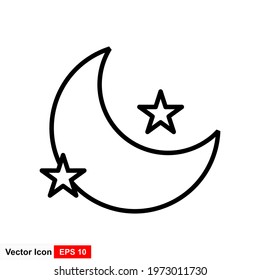 Crescent or a new moon and stars.  Simple black line vector icon. Single element for web design, mobile app.