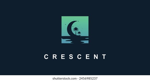 crescent night with palm tree modern flat clean minimal logo premium vector