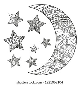 Crescent on white. Moon and stars with abstract patterns on isolation background. Zentangle. Design for spiritual relaxation for adults. Black and white illustration for anti stress colouring page