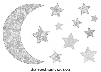 Crescent on white. Crescent moon and stars. Zentangle. Design for spiritual relaxation for adults. Black and white illustration