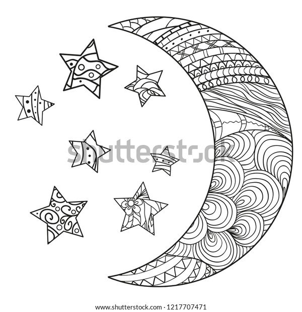 Crescent on white. Moon and stars with abstract\
patterns on isolation background. Zentangle. Design for spiritual\
relaxation for adults. Black and white illustration for anti stress\
colouring page