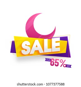 Luna de color rosa creciente con texto Venta y 65% Oferta de descuento.