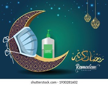 crescent, sanitizer, mask, protect corona or covid-19 virus concept for the Muslim feast of the holy month of Ramadan Kareem or Eid Mubarak Design Background.	