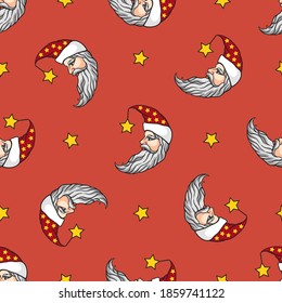 
Crescent Santa in the starry sky. Vector  seamless pattern. Good Night and Merry Christmas Moon Design.
