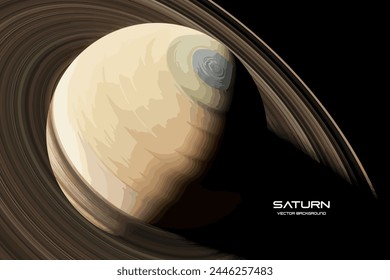 Crescent Saturn. The Background of the Saturn in the Starry Sky. Saturn planet in the starry sky in the dark. Saturn planet in the milky way galaxy. Realistic vector illustration. Vector background.
