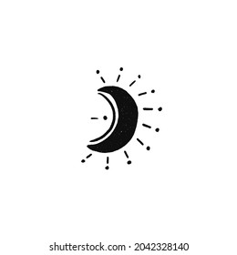 Crescent shining moon silhouette. Midnight or night simple scene. Hand drawn art. Vector illustration. 