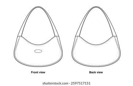 Crescent Shoulder Hobo Bag Technical Fashion Illustration. Soft Slouchy Handbag Vector Template. Front and Back View. Casual Minimalist Style. CAD Mockup Set.
