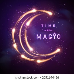 Crescent sign with golden neon glowing shiny trail on night sky abstract background. Vector illustration