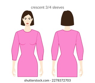 Crescent sleeves clothes character beautiful lady in pink top, shirt, dress technical fashion illustration with 3-4 bracelet length. Flat apparel template front, back. Women, men unisex CAD mockup