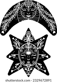 Crescent and star with cartoon faces. Black hand drawn linocut style, grunge rough old texture. Element for design. Vector set