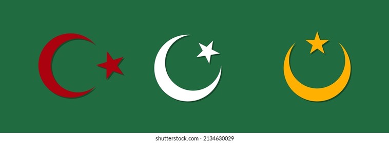 Crescent and star in different colors on a green background. 