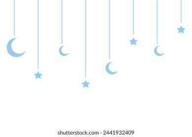 Crescent and star. Festive garland on threads of different lengths. Color vector illustration. Hanging blue decoration for Ramadan. Isolated background. Flat style. Idea for web design.