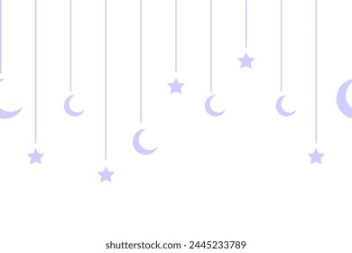 Crescent and star. Festive garland for Ramadan. Seamless horizontal vector border. Hanging purple decoration on threads of different lengths. Isolated background. Flat style. Idea for web design.