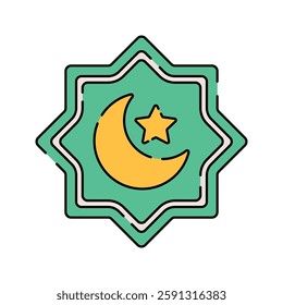 Crescent Star Flat design style, green star with a crescent moon, symbolizing Islam, ideal for religious graphics, educational materials, and cultural projects.
