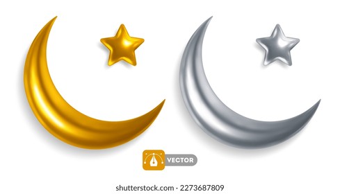 Crescent and star, gold and silver colored, Islamic symbol, isolated on transparent background. Vector 3d realistic illustration