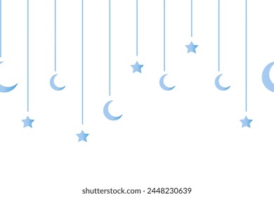 Crescent and star. Hanging blue decoration for Ramadan. Seamless horizontal vector border. Festive curtains on threads of different lengths. Isolated colorless background. Gradient. 