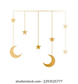 Crescent with star hanging decoration. Ramadan traditional illustration. Moon with stars, golden gradient. Vector Ramadan decorative element. Eid Mubarak religious illustration. Cute baby decoration. 