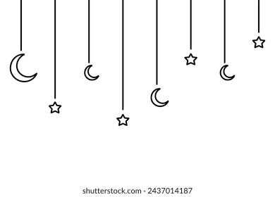 Crescent and star. Hanging decoration for Ramadan. Sketch. Festive curtains on threads of different lengths. Vector illustration. Outline on isolated background. Doodle style. Coloring book.