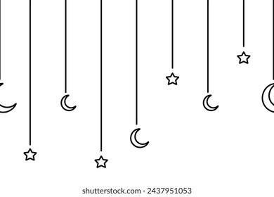 Crescent and star. Hanging decoration for Ramadan. Seamless horizontal vector border. Sketch. Festive curtains on threads of different lengths. Outline on isolated background. Doodle style. 