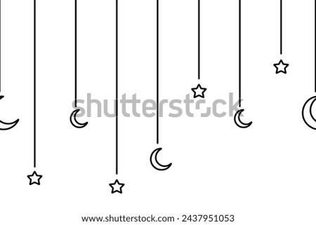 Crescent and star. Hanging decoration for Ramadan. Seamless horizontal vector border. Sketch. Festive curtains on threads of different lengths. Outline on isolated background. Doodle style. 