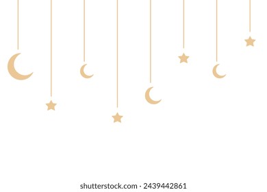 Crescent and star. Hanging gold decoration for Ramadan. Festive garland on threads of different lengths. Color vector illustration. Isolated background. Flat style. Idea for web design.