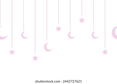 Crescent and star. Hanging pink decoration for Ramadan. Seamless horizontal vector border. Festive curtains on threads of different lengths. Isolated colorless background. Flat style. Endless ornament