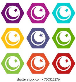 Crescent and star icon set many color hexahedron isolated on white vector illustration