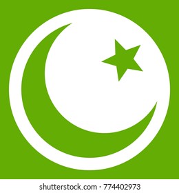 Crescent and star icon white isolated on green background. Vector illustration