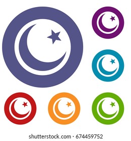 Crescent and star icons set in flat circle reb, blue and green color for web