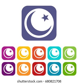 Crescent and star icons set vector illustration in flat style in colors red, blue, green, and other