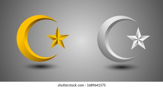 Crescent and Star Islam Symbol Golden and Silver 3d Gradient Vector Illustration