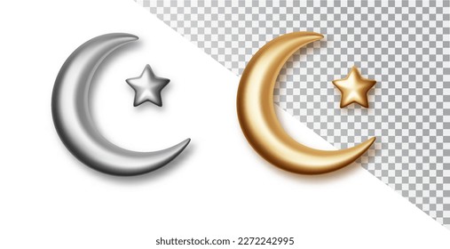 Crescent mit Stern einzeln. Realistische 3D-goldene und silberne dekorative Vektorelemente einzeln auf transparentem Hintergrund. Islamisches Symbol-Halbmond-Set