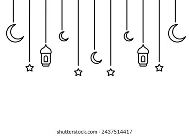 Crescent, star and lantern. Hanging decoration for Ramadan. Sketch. Festive curtains on threads of different lengths. Vector illustration. Outline on isolated background. Doodle style. Coloring book.