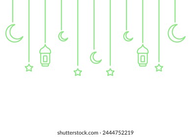 Crescent, star and lantern. Hanging green decoration for Ramadan. Festive curtains on threads of different lengths. Color vector illustration. Isolated background. Doodle style. Idea for web design.