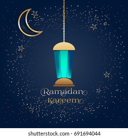 A crescent, a star and a lantern on the night, blue, starry sky. Ramadan Kareem. The Muslim holiday