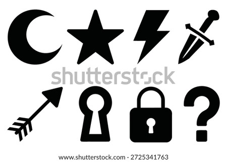 Crescent star lightning sword arrow keyhole lock question mark