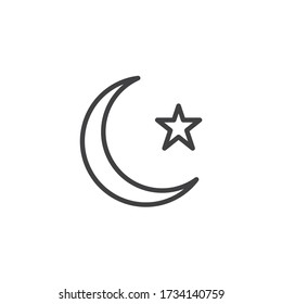 Crescent and star line icon. linear style sign for mobile concept and web design. Islamic moon and star outline vector icon. Symbol, logo illustration. Vector graphics