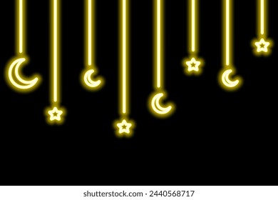 Crescent and star. Neon. Hanging shining gold decoration for Ramadan. Festive garland on threads of different lengths. Color vector illustration. Isolated black background. 