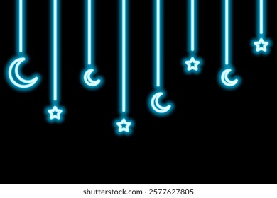 Crescent and star. Neon. Hanging sparkling blue decoration for Ramadan. Festive garland on threads of different lengths. Color vector illustration. Isolated black background. Idea for web design.